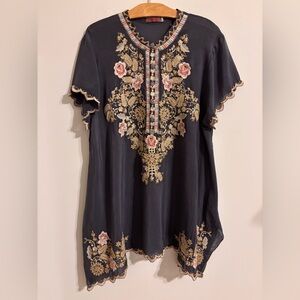 Johnny Was Talum heavily embroidered scalloped-hem tunic in graphite